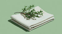 Folded White Cloth Napkin With Sprig Of Rosemary On Top Against Light Green Background — Stock Photo