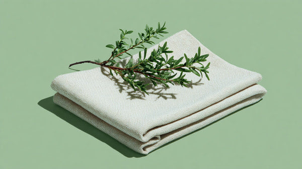 Folded White Cloth Napkin With Sprig Of Rosemary On Top Against Light Green Background — Stock Photo