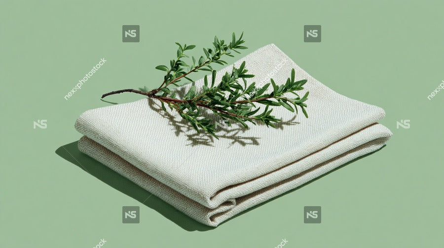Folded White Cloth Napkin With Sprig Of Rosemary On Top Against Light Green Background — Stock Photo