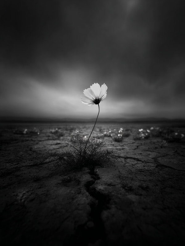 A Single Flower Blooms Amidst A Barren Desert Landscape With A Sky As The Backdrop — Stock Photo