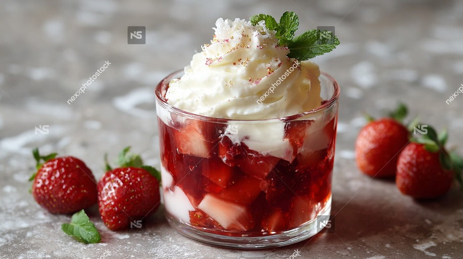 Strawberry Dessert In A Glass Dish On A Table With Strawberries In The Background — Stock Photo