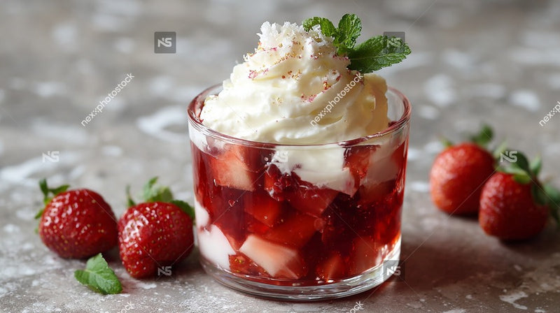Strawberry Dessert In A Glass Dish On A Table With Strawberries In The Background — Stock Photo