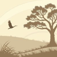 A Silhouette Of A Tree And Bird In Flight Against A Sunset Sky Set On A Grassy Field — Stock Vector