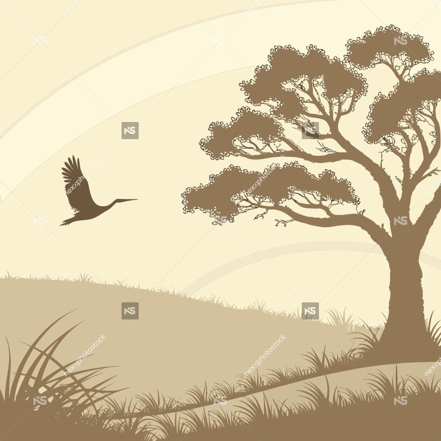 A Silhouette Of A Tree And Bird In Flight Against A Sunset Sky Set On A Grassy Field — Stock Vector