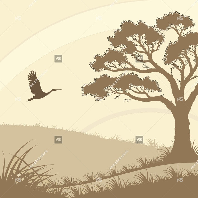 A Silhouette Of A Tree And Bird In Flight Against A Sunset Sky Set On A Grassy Field — Stock Vector