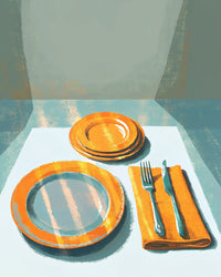 Table Setting For Two With Orange Plates Silverware And Napkins On A White Tablecloth — Stock Illustration