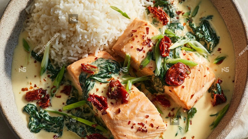 A Plate Of Salmon Topped With Spinach Sauce Served With A Side Of White Rice — Stock Photo