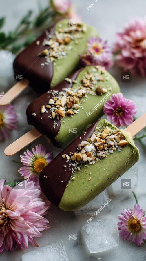 Matcha Ice Pops With Nuts On A Stick Arranged In A Row On A Table — Stock Photo
