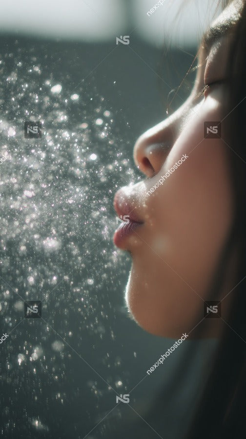 A Close Up Image Of A Person Blowing Bubbles With Their Mouth Captured From A Top Down Perspective Against A Blurred Background — Stock Photo