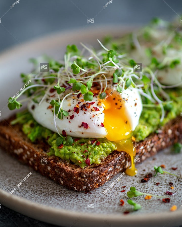 Eggs Benedict With Avocado Toast On A Plate Garnished With Microgreens And A Sprinkle Of Red Pepper Flakes — Stock Photo