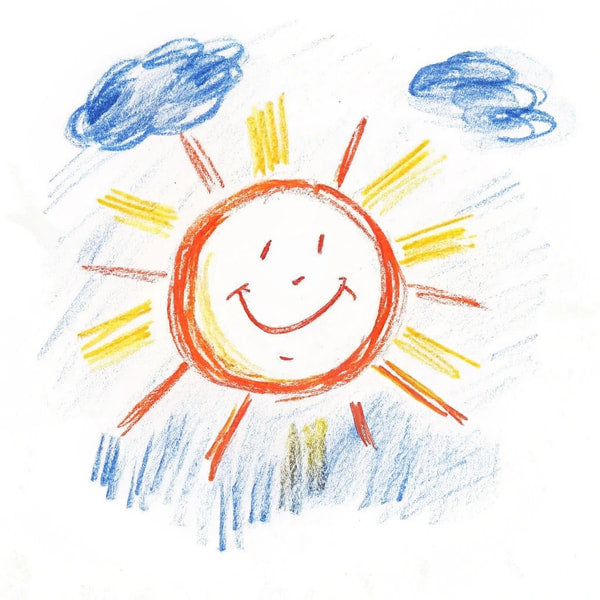 A Colorful Drawing Of A Sun With A Smiling Face Surrounded By Rays And Clouds Set Against A Blue Background — Stock Illustration