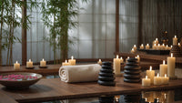 a serene spa setting a collection of lit candles wooden rocks and a tranquil ambiance - Stock Video