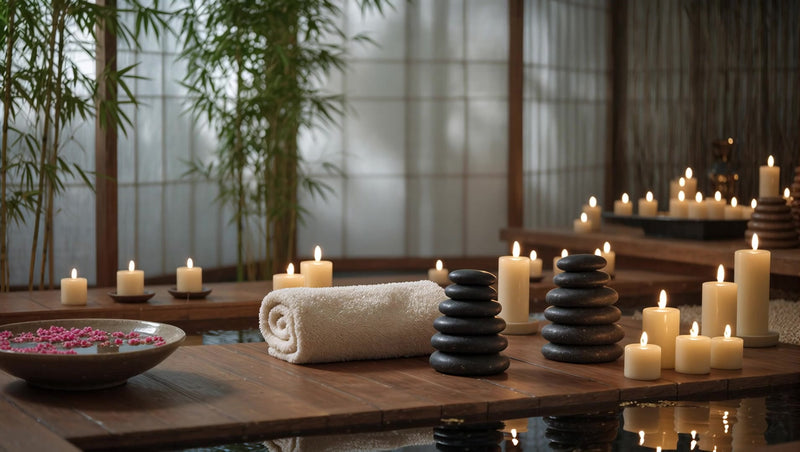a serene spa setting a collection of lit candles wooden rocks and a tranquil ambiance - Stock Video
