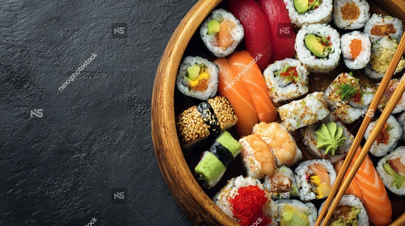 A Wooden Sushi Platter Filled With A Variety Of Sushi Pieces Including Salmon Nigiri And Sashimi Accompanied By Chopsticks — Stock Photo