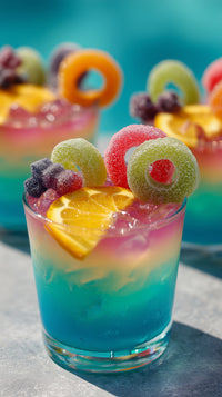 A Vibrant Fruit Salad Served In A Clear Glass Garnished With Fresh Fruits And Colorful Edible Flowers Set Against A Blue Background — Stock Photo