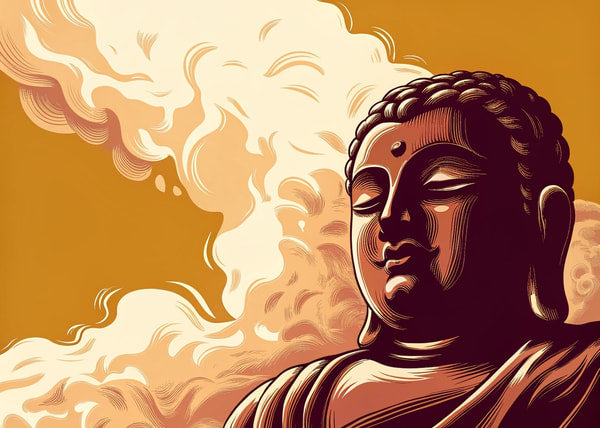 Illustration Of A Serene Buddha Statue Against A Backdrop Of Swirling Clouds And Smoke Rendered In Warm Tones With A Vintage Aesthetic — Stock Illustration