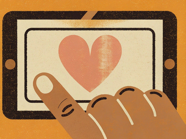 A Digital Illustration Showcasing A Heart Symbol On A Tablet Screen With A Hand Interacting With The Device — Stock Illustration