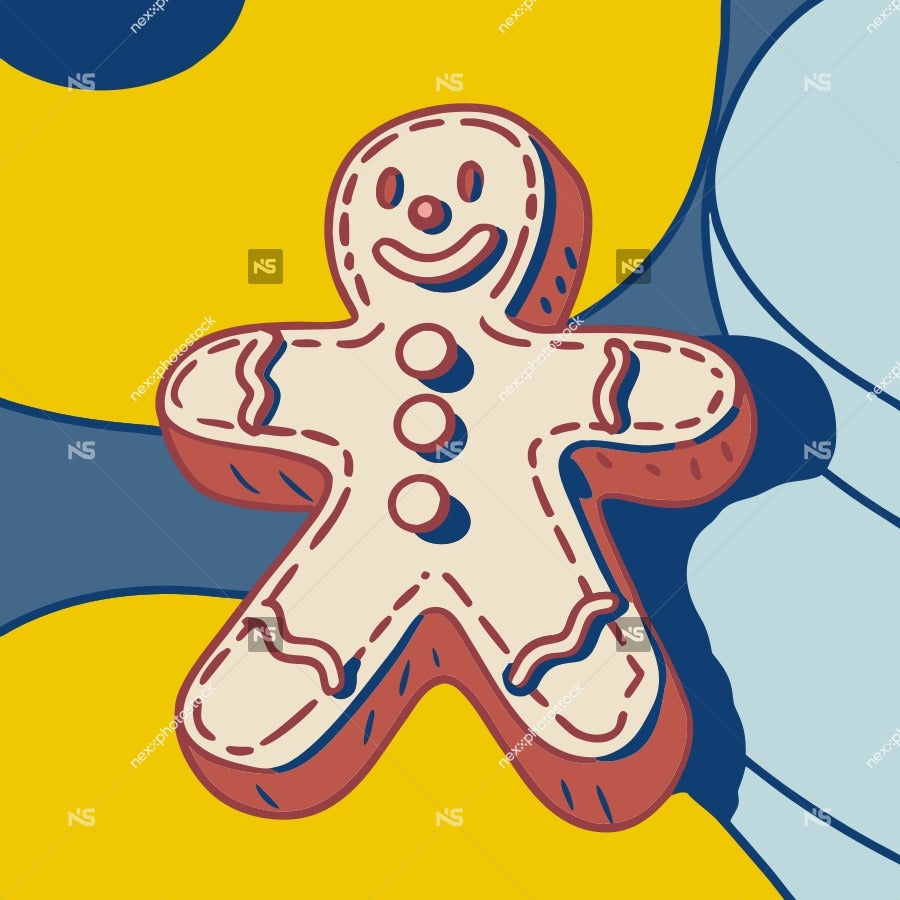 Gingerbread Man Cookie With Smile And Buttons Illustrated In A Cartoon Style Against A Yellow Background With Blue Bubbles — Stock Vector