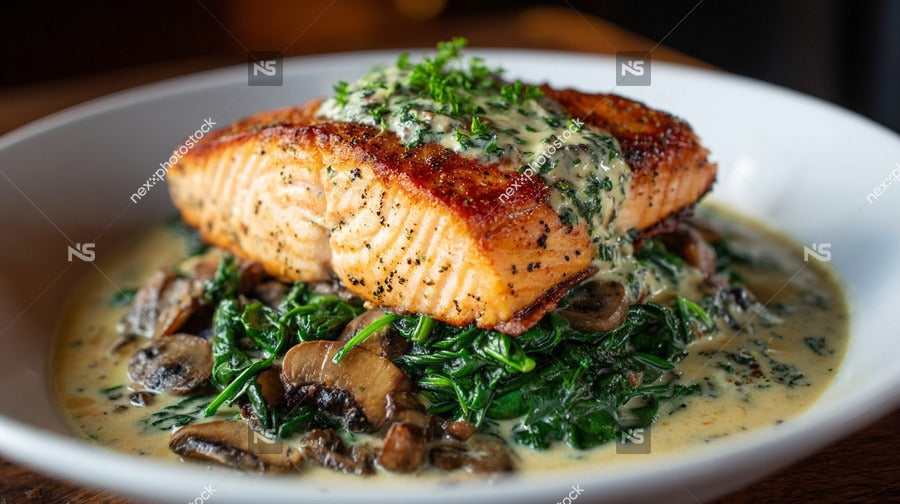 A Plate Of Salmon Served With Spinach And Sauce Presented On A White Plate — Stock Photo