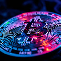 Cryptocurrency Bitcoin Coin Close Up View Of Red And Blue Led Lights Illuminating The Blockchain Design — Stock Photo