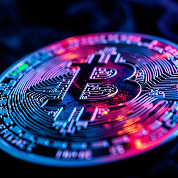 Cryptocurrency Bitcoin Coin Close Up View Of Red And Blue Led Lights Illuminating The Blockchain Design — Stock Photo