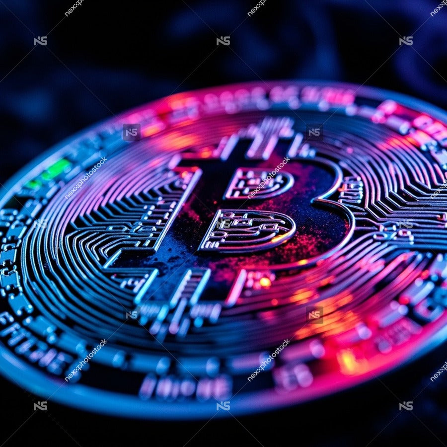 Cryptocurrency Bitcoin Coin Close Up View Of Red And Blue Led Lights Illuminating The Blockchain Design — Stock Photo