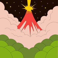 Colorful Illustration Of A Volcanic Eruption With A Fiery Lava Flow And A Starry Night Sky In The Background — Stock Vector