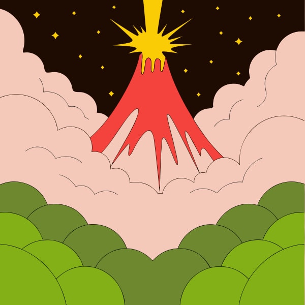Colorful Illustration Of A Volcanic Eruption With A Fiery Lava Flow And A Starry Night Sky In The Background — Stock Vector