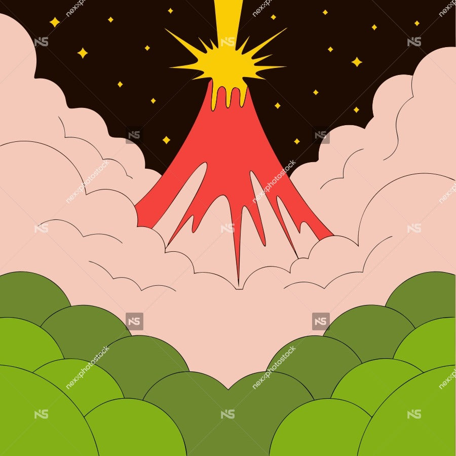 Colorful Illustration Of A Volcanic Eruption With A Fiery Lava Flow And A Starry Night Sky In The Background — Stock Vector