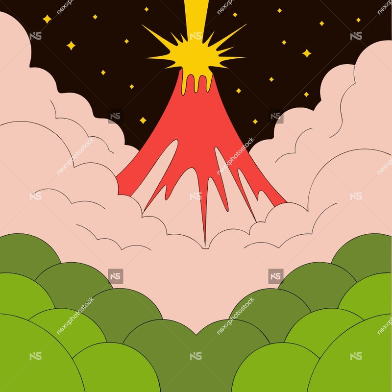 Colorful Illustration Of A Volcanic Eruption With A Fiery Lava Flow And A Starry Night Sky In The Background — Stock Vector