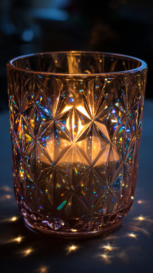A Glowing Candle Inside A Crystal Glass Vase With A Starburst Design Placed On A Surface With A Bokeh Background — Stock Photo