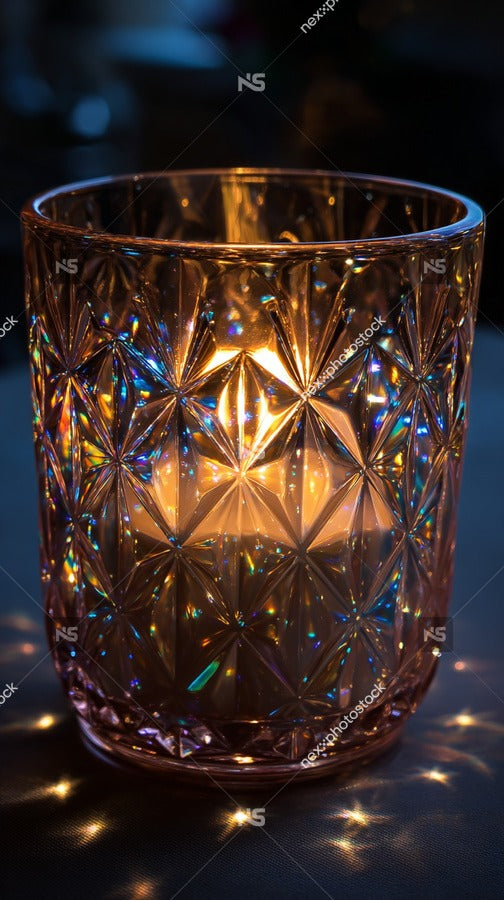 A Glowing Candle Inside A Crystal Glass Vase With A Starburst Design Placed On A Surface With A Bokeh Background — Stock Photo