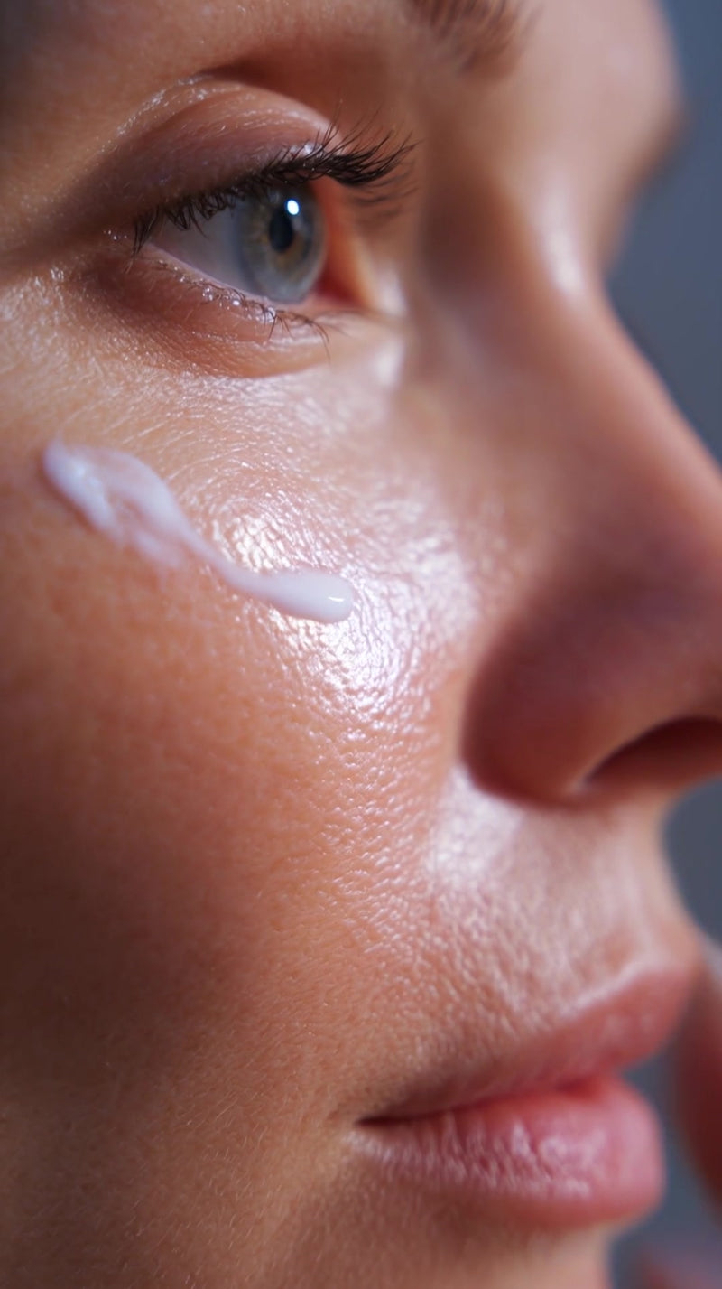 a close up of a woman s face with a visible application of white cream skincare makeup product - Stock Video