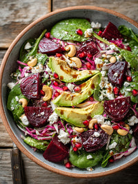 A Bowl Of Fresh Salad Containing Beets Avocado And Pomegranate Seeds Served On A Wooden Table — Stock Photo
