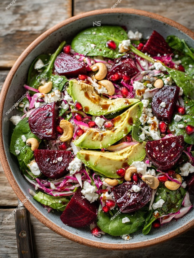 A Bowl Of Fresh Salad Containing Beets Avocado And Pomegranate Seeds Served On A Wooden Table — Stock Photo