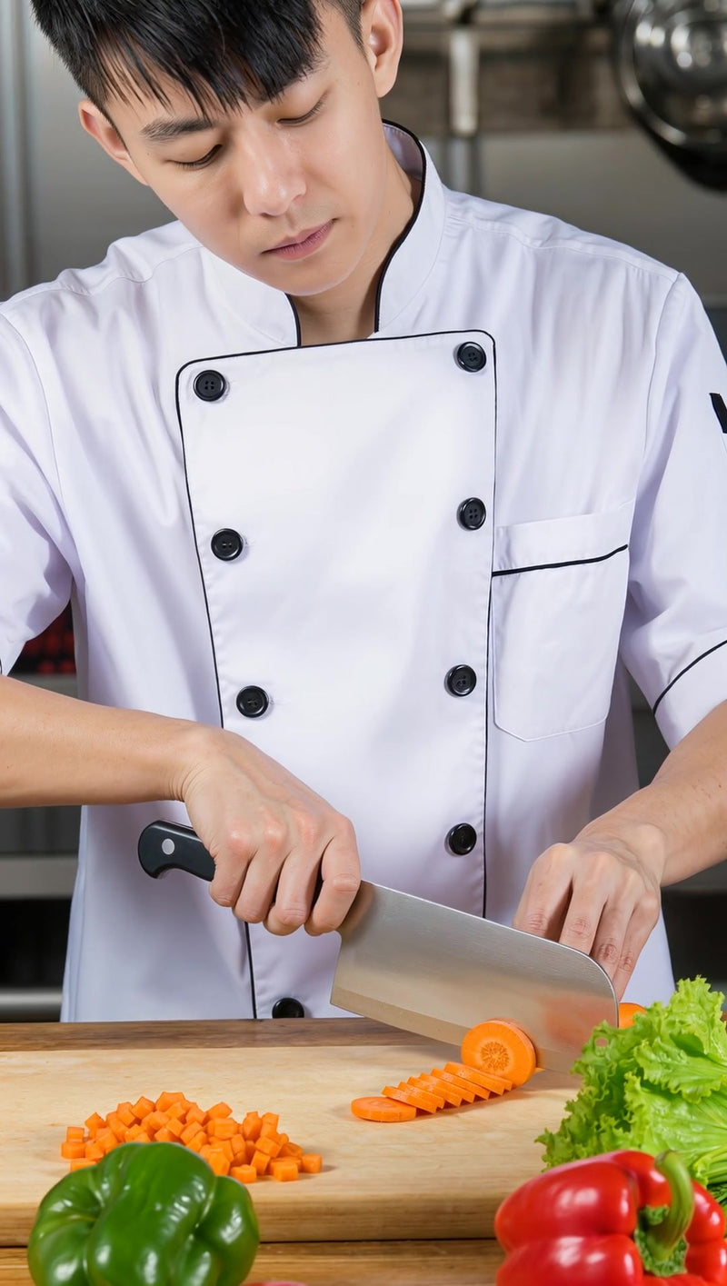 a chef wearing a white uniform and hat is standing in front of a cutting board with various vegetables on it - Stock Video