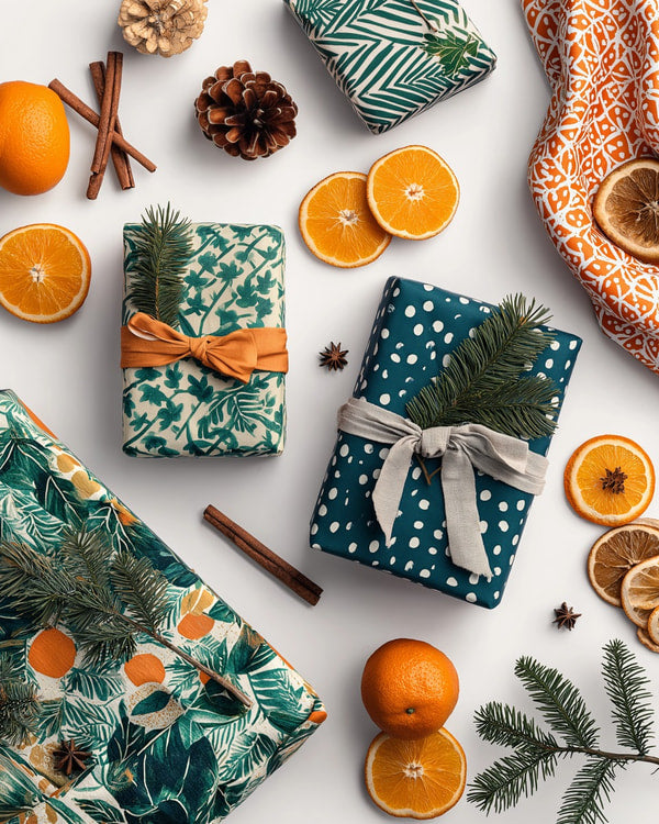 Gift Wrapping Ideas Orange And Blue Patterns Including A Variety Of Wrapped Gifts Oranges Pine Cones And Cinnamon Sticks — Stock Photo