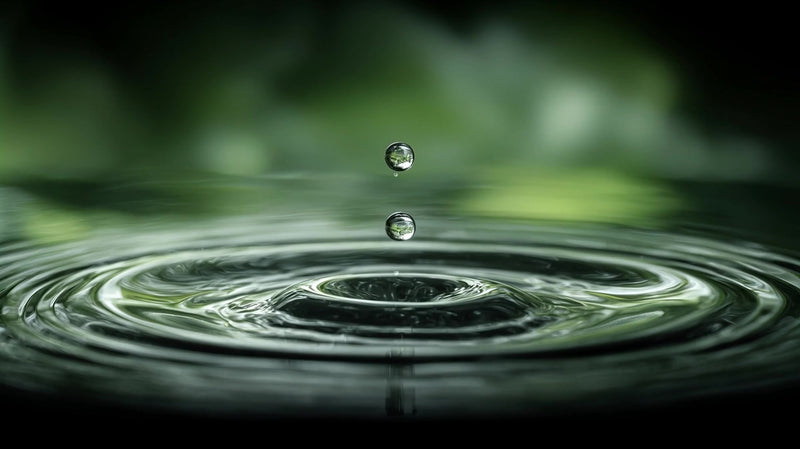 a close up image captures a single droplet of water falling onto a leaf creating a ripple effect in the surrounding water - Stock Video