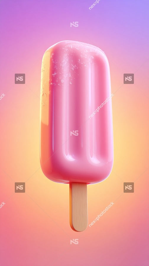 A Single Pink Ice Cream Pop On A Stick Photographed Against A Vibrant Gradient Background With A Wooden Stick Visible — Stock Photo