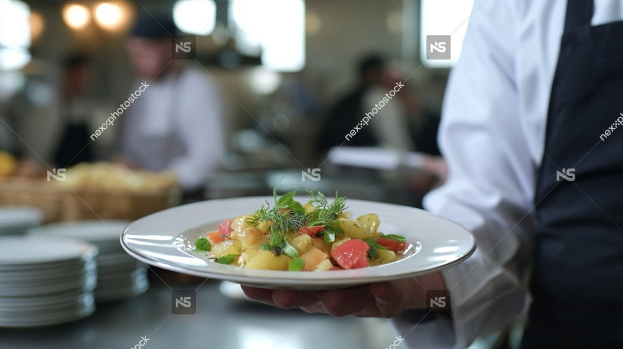 A Photograph A Chef Holding A Plate With A Dish That To Be A Pasta Salad Similar Meal — Stock Photo