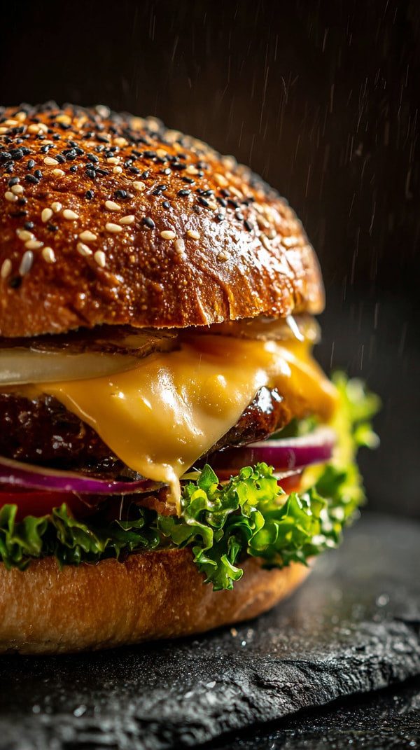 Close Up Of A Cheeseburger On A Bun With Lettuce And Cheese Served In A Restaurant Setting — Stock Photo