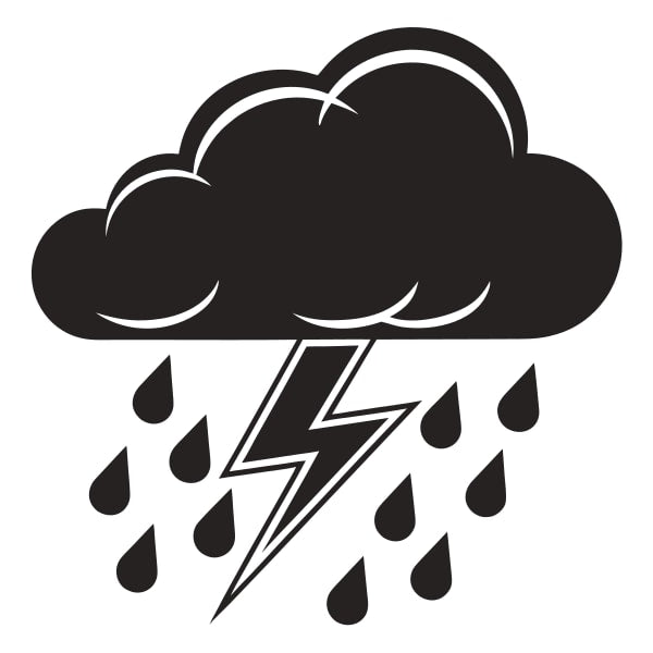 Black And White Illustration Of A Cloud With Lightning Bolts Accompanied By Raindrops Falling From It — Stock Vector