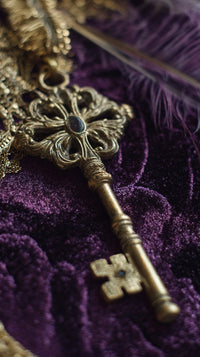 Antique Key With Cross Pendant In A Purple Velvet Display Case — Stock Photo