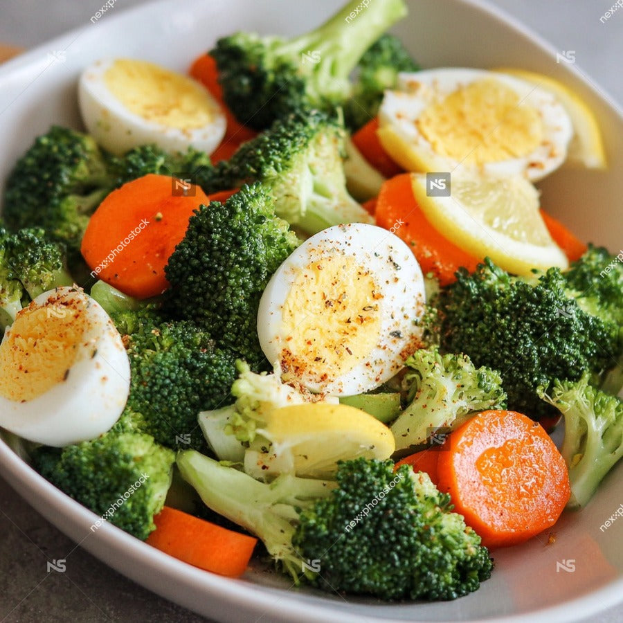 A Bowl Of Broccoli Carrots And Eggs In A White Dish — Stock Photo