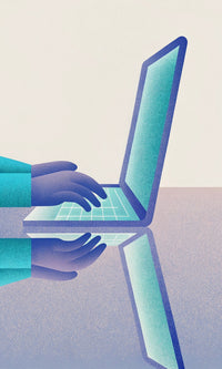 A Digital Workspace With A Person Typing On A Laptop Computer Set Against A Blue Background — Stock Illustration