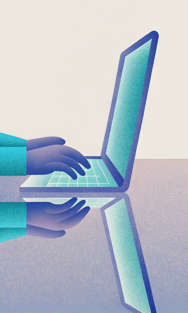A Digital Workspace With A Person Typing On A Laptop Computer Set Against A Blue Background — Stock Illustration