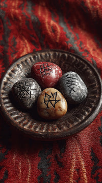 Displays A Collection Of Rocks With Ancient Runes Etched Into Them Arranged Within A Bowl That Rests On A Textured Fabric Surface — Stock Photo