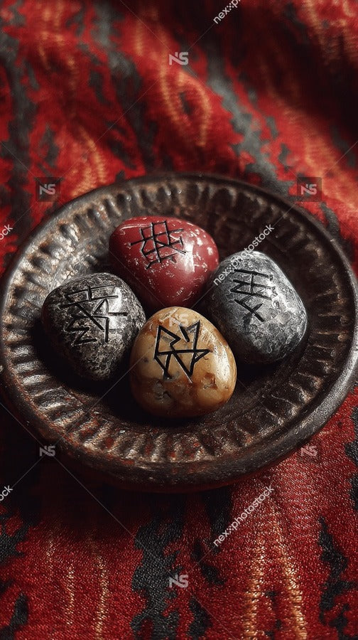 Displays A Collection Of Rocks With Ancient Runes Etched Into Them Arranged Within A Bowl That Rests On A Textured Fabric Surface — Stock Photo