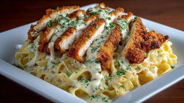 A Plate Of Chicken Parmesan Covered In Alfredo Sauce Served On A White Plate — Stock Photo
