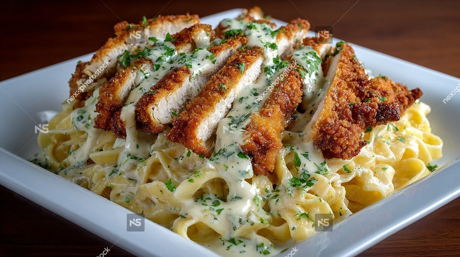 A Plate Of Chicken Parmesan Covered In Alfredo Sauce Served On A White Plate — Stock Photo